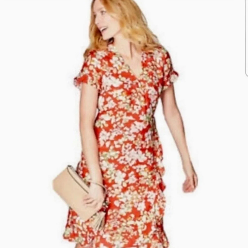 J. JILL Red Floral Flutter Sleeve Ruffled Wrap Dress Size XSP